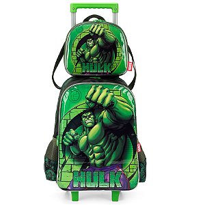 Kit Mochila Rodinha + Lancheira Hulk Avengers Preto e Verde