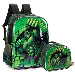 Kit Mochila de Costa Hulk + Lancheira Preto e Verde Marvel