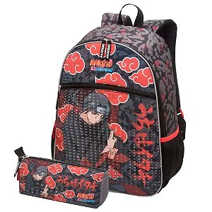 Kit mochila e estojo grande padrão escolar Naruto simbolo folha e