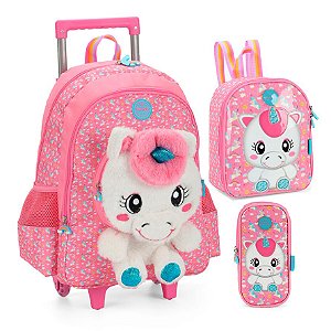 Mochila Rodas + Lancheira + Estojo Unicornio Petit Pink