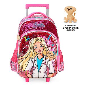 Mochila de Rodinhas Barbie Veteriária + Pet Pink - Luxcel