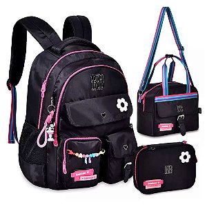 Mochila Costa RB c/ Bolso Anti Furto + Lancheira + Estojo PT