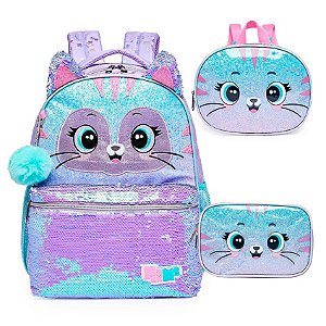 Mochila de Costas + Lancheira + Estojo Pack Me Cat Brilhosa