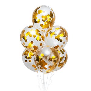 Balão Látex c/ Confetes Dourado 12'' 30cm 6Un