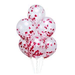 Balão Látex c/ Confete Coração Vermelho 12'' 30cm 6Un