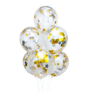 Balão Látex c/ Confete Estrela Dourada 12'' 30cm 6Un