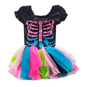 Fantasia Esqueleto Colorido Halloween Infantil Feminino P