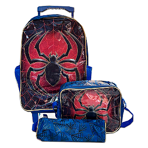 Mochila de Rodinhas + Lancheira + Estojo Aranha Azul