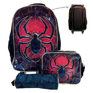 Mochila de Rodinhas + Lancheira + Estojo Aranha Preto