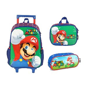 KIT Mochila de Rodinha + Lancheira + Estojo S. Mario Verde