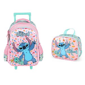 KIT Mochila de Rodinhas + Lancheira Stitch Rosa - Luxcel