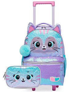 Mochila de Rodinhas e Estojo Escolar PackMe Cat Brilhosa