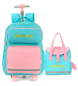 Mochila de Rodinhas + Lancheira Verde e Rosa Up4you - Luxcel