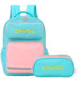 Mochila Escolar e Estojo Up4You Verde claro e rosa