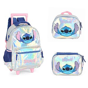 KIT Mochila Rodinhas + Lancheira + Estojo Box Stitch - Prata