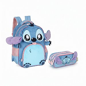 KIT MOCHILA COSTAS + ESTOJO 3 DIVISÕES AZUL STITCH - LUXCEL