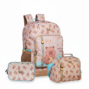 KIT MOCHILA COSTAS + ESTOJO BOX + LANCHEIRA COLLEGE BROWNIE