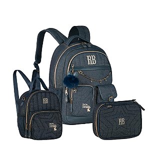 Mochila Costas Rebecca BONBON+Lancheira+ Estojo jeans Denim