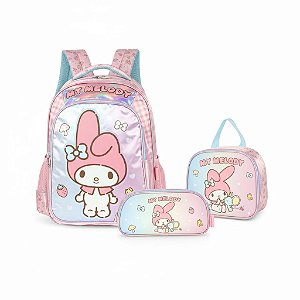 Mochila Costas Estojo3 Div Lancheira Rosa Amigos Hello Kitty
