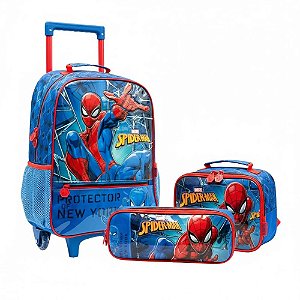 KIT Mochila Carrinho+ Estojo Triplo+ Lancheira Homem Aranha