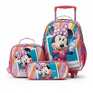 KIT ESCOLAR MINNIE MOUSE MOCHILA CARRINHO+ ESTOJO+ LANCHEIRA