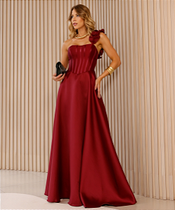VESTIDO LONGO UM OMBRO SÓ COM DETALHE ACETINADO