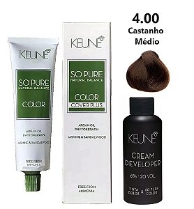 Keune So Pure Color Cover Plus 4.00 Castanho Médio + Developer 20vol