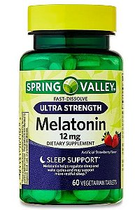 Melatonina, 12 mg, Dissolução Rápida, Sabor Morango, 60 Tabletes, Spring Valley