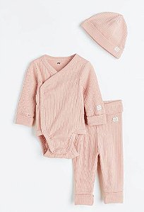Conjunto de Bebê 3 Peças com Body Transpassado, Calça e Touca, Rosa Claro, H&M