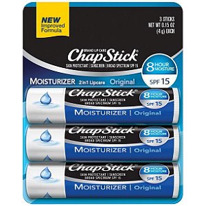 Hidratante Labial, Sticks Classic com FPS 15, Kit com 3 unidades, ChapStick