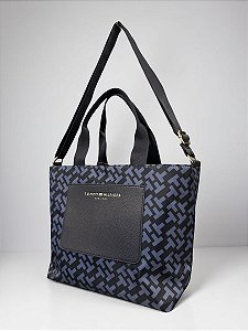 Bolsa Tote com Alça Transversal, Estampa Monograma Azul e Preta, Tommy Hilfiger