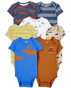 Kit com 7 Bodys de Bebê, Manga Curta, Estampas de Animais, Carter’s