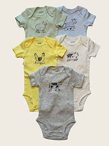 Kit com 5 Bodys de Bebê, Manga Curta, Estampas de Animais da Fazenda, Carter’s