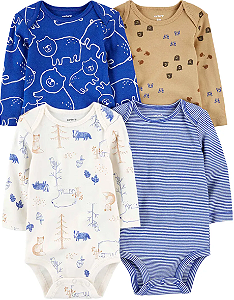 Kit com 4 Bodys de Bebê, Manga Longa, Estampas de Animais da Floresta, Carter’s
