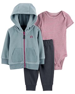 Conjunto de Bebê 3 Peças com Body Listrado, Jaqueta Fleece com Capuz e Calça Moletinho, Carter's