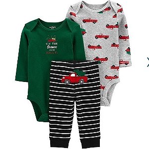 Conjunto de Bebê 3 Peças com 2 Bodys Manga Longa e Calça Listrada com Caminhonete, Carter's
