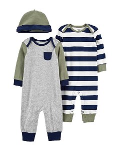 Conjunto de Bebê 3 Peças com Macacões e Gorro Verde e Azul, Carter's