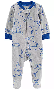 Macacão Fleece com Pézinhos, Estampa de Alce, Cinza e Azul, Carter’s