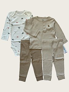 Conjunto de Bebê 4 Peças com Body Estampado, Camiseta Manga Longa e 2 Calças, Carter's