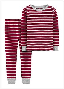Pijama Infantil Manga Longa Listrado, Bordô e Cinza Mescla, Carter’s