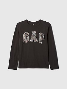 Camiseta Infantil Logo, Manga Longa, Preta, GAP