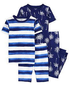 Pijama Infantil 2 Conjuntos Curto e Longo, Estampas Listradas e Coqueiros, Carter’s