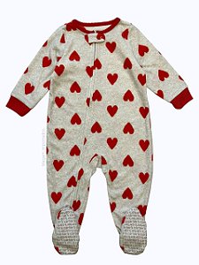 Macacão Fleece com Zíper, Estampa de Corações Vermelhos, Carter’s