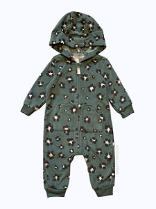Macacão Fleece com Zíper e Capuz, Estampa Floral Verde Musgo, Carter’s