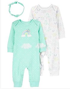 Conjunto de Bebê 3 Peças com 2 Macacões e Faixa de Cabelo, Arco-íris e Poá, Carter’s