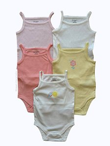 Kit com 5 Bodys de Bebê, Regata, Estampas de Flor, Arco-íris e Cores Pastel, Primark