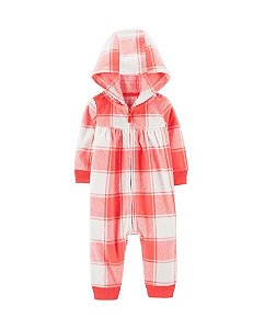 Macacão Fleece com Zíper e Capuz, Estampa Xadrez Laranja e Off-White, Carter’s