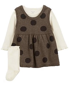 Conjunto 3 Peças com Body, Vestido Tricot Poá e Meia-Calça, Carter’s