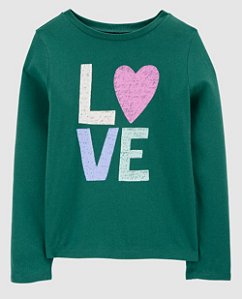 Blusa Infantil Manga Longa, Verde com Estampa LOVE, Carter’s