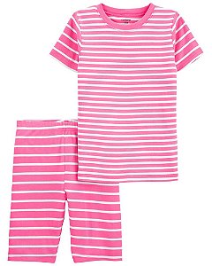 Pijama Infantil Curto Listrado, Rosa e Branco, Carter’s